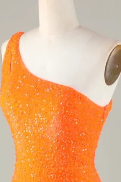Sequins One-Shoulder Laranja Tight Beading Vestido Curto Homecoming