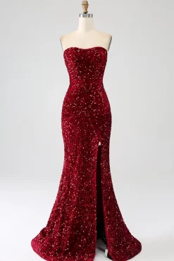 Sequins sem alças vermelhas longo vestido de baile de formatura sereia com fenda
