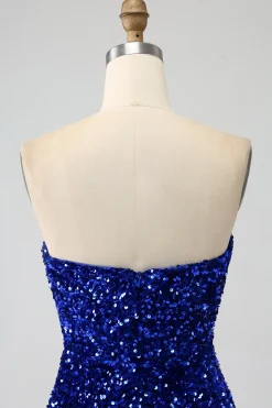 Sequins sem alças vermelhas longo vestido de baile de formatura sereia com fenda