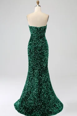 Sequins sem alças vermelhas longo vestido de baile de formatura sereia com fenda