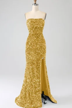Sequins sem alças vermelhas longo vestido de baile de formatura sereia com fenda
