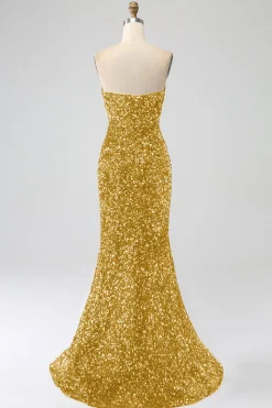 Sequins sem alças vermelhas longo vestido de baile de formatura sereia com fenda