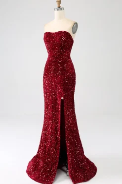 Sequins sem alças vermelhas longo vestido de baile de formatura sereia com fenda