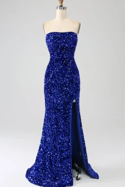 Sequins sem alças vermelhas longo vestido de baile de formatura sereia com fenda