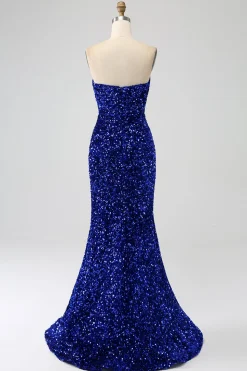 Sequins sem alças vermelhas longo vestido de baile de formatura sereia com fenda