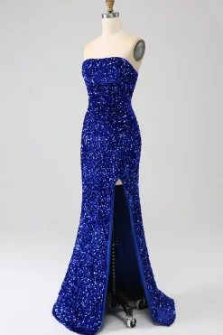 Sequins sem alças vermelhas longo vestido de baile de formatura sereia com fenda