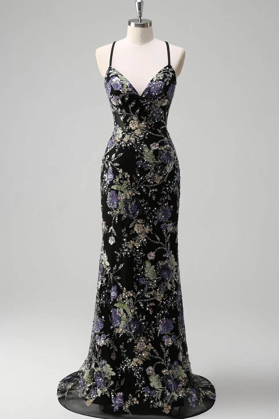 Sequins Sereia Esparguete Alças Lantejoulas Preto Vestido de Baile com Apliques