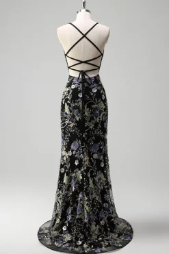 Sequins Sereia Esparguete Alças Lantejoulas Preto Vestido de Baile com Apliques