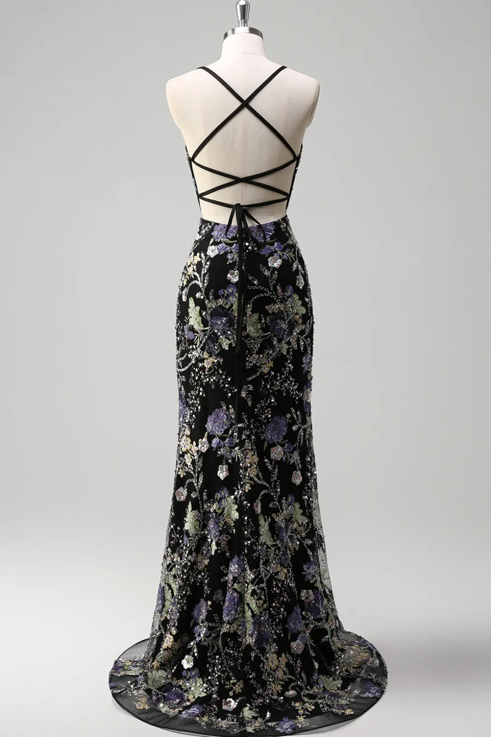 Sequins Sereia Esparguete Alças Lantejoulas Preto Vestido de Baile com Apliques