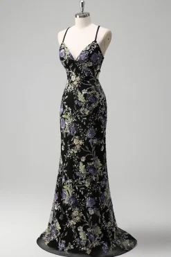 Sequins Sereia Esparguete Alças Lantejoulas Preto Vestido de Baile com Apliques