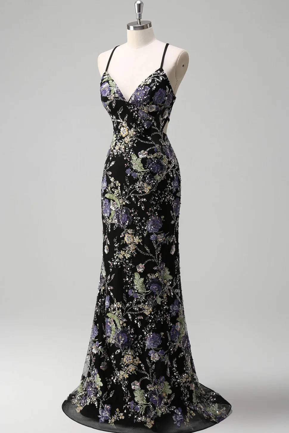 Sequins Sereia Esparguete Alças Lantejoulas Preto Vestido de Baile com Apliques