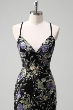 Sequins Sereia Esparguete Alças Lantejoulas Preto Vestido de Baile com Apliques