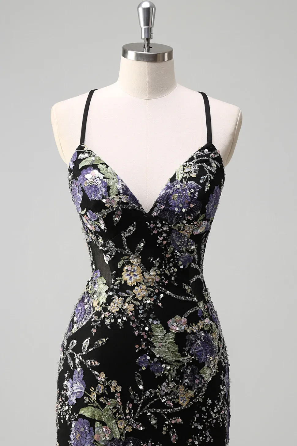 Sequins Sereia Esparguete Alças Lantejoulas Preto Vestido de Baile com Apliques