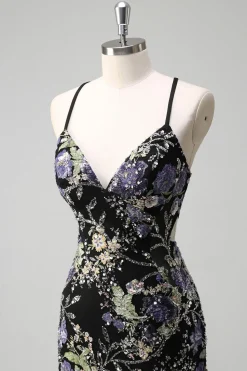 Sequins Sereia Esparguete Alças Lantejoulas Preto Vestido de Baile com Apliques