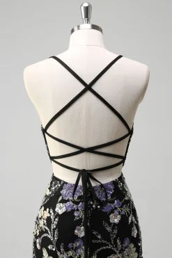 Sequins Sereia Esparguete Alças Lantejoulas Preto Vestido de Baile com Apliques