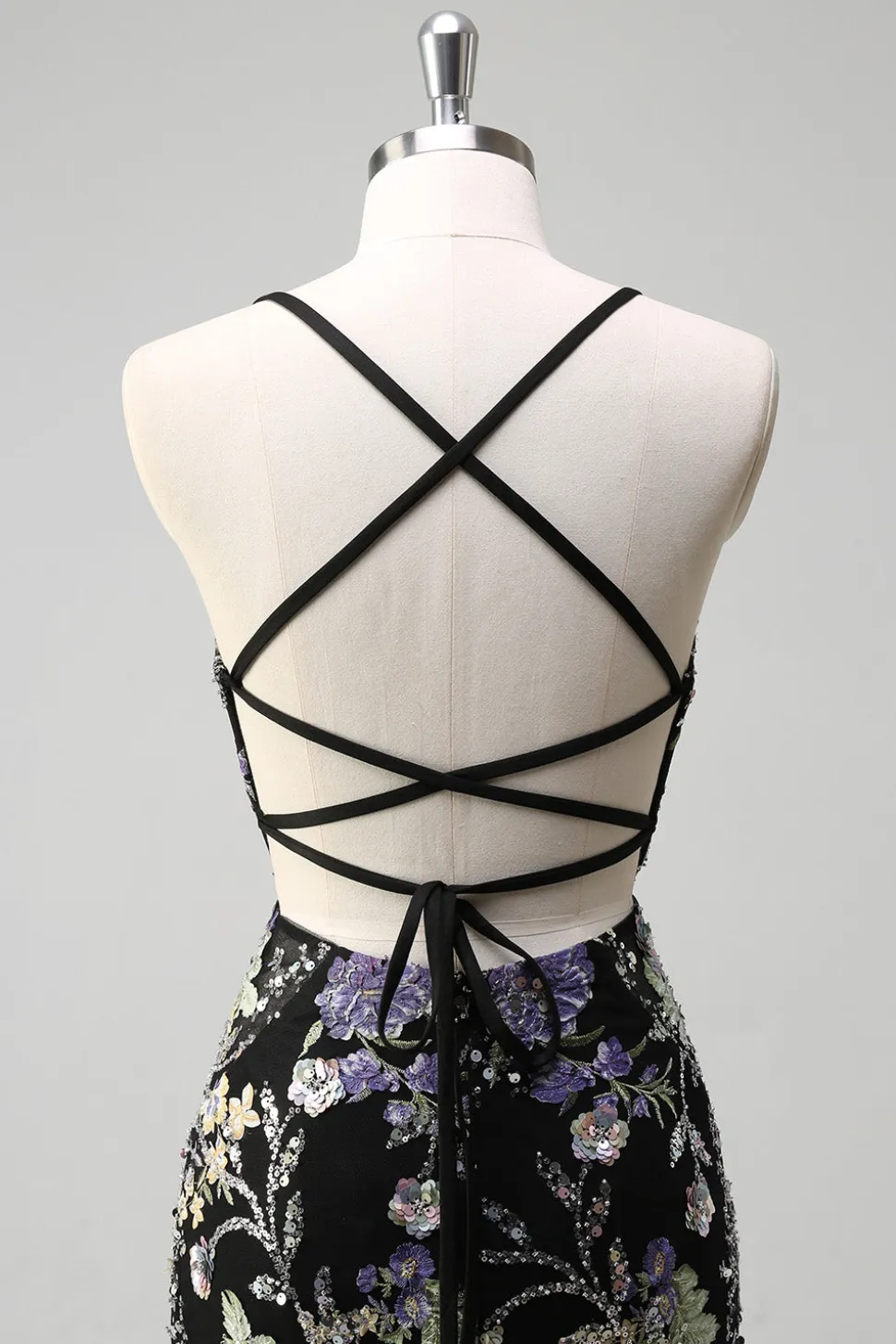 Sequins Sereia Esparguete Alças Lantejoulas Preto Vestido de Baile com Apliques