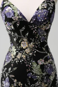 Sequins Sereia Esparguete Alças Lantejoulas Preto Vestido de Baile com Apliques