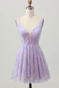 Sequins Uma Linha Lilás V-Neck Vestido Curto Homecoming