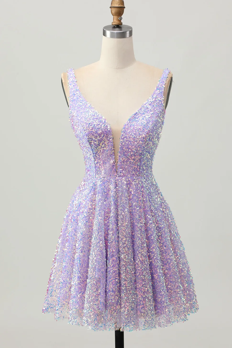 Sequins Uma Linha Lilás V-Neck Vestido Curto Homecoming