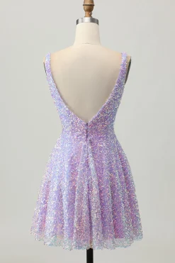 Sequins Uma Linha Lilás V-Neck Vestido Curto Homecoming