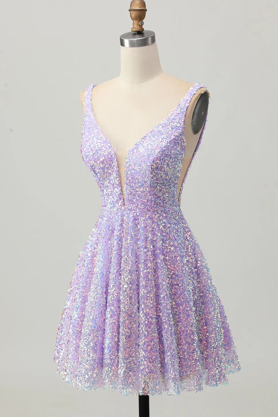 Sequins Uma Linha Lilás V-Neck Vestido Curto Homecoming