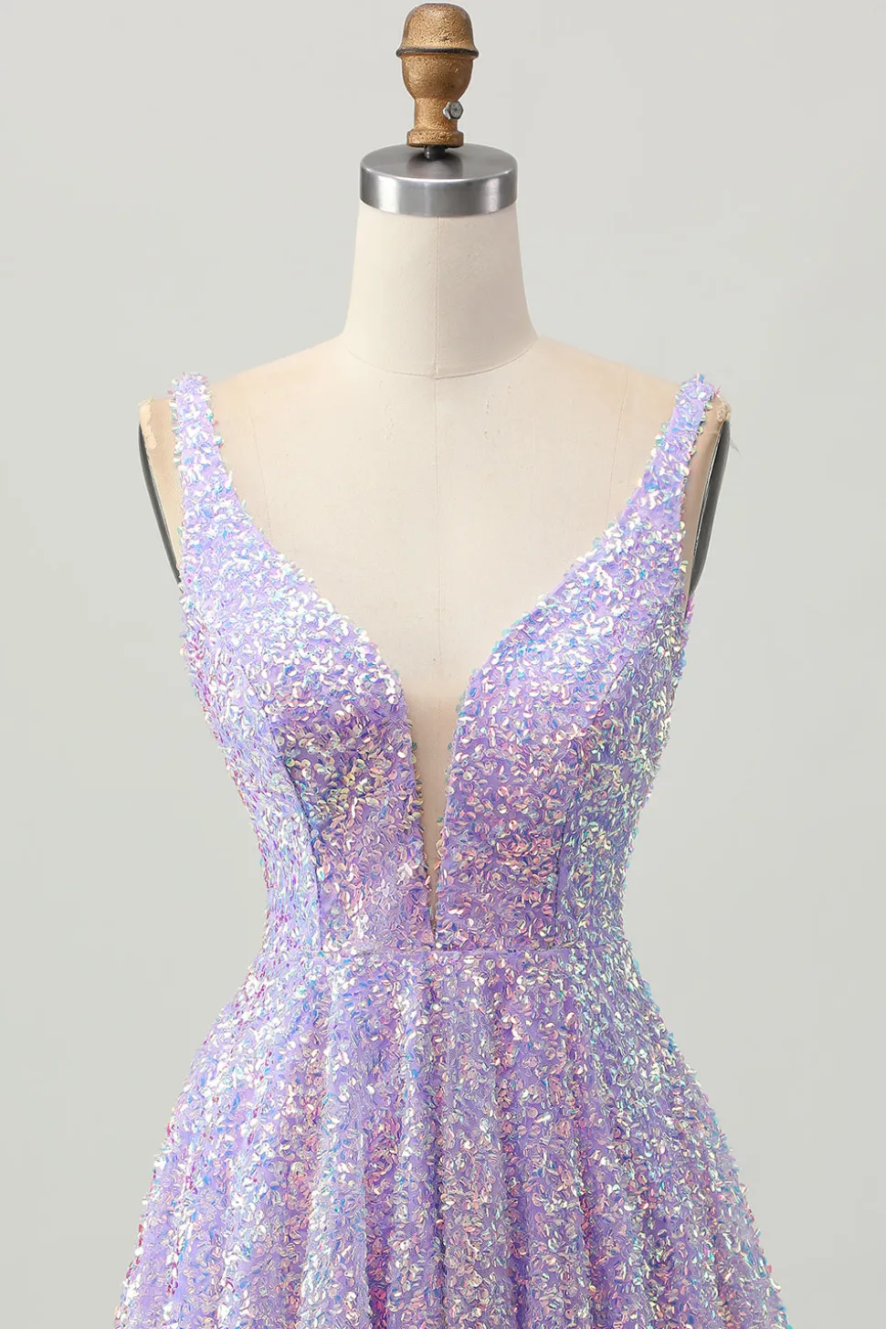Sequins Uma Linha Lilás V-Neck Vestido Curto Homecoming