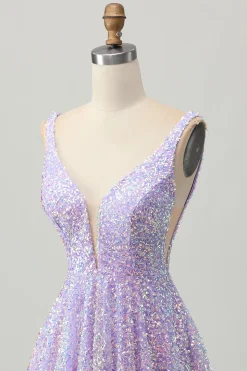 Sequins Uma Linha Lilás V-Neck Vestido Curto Homecoming