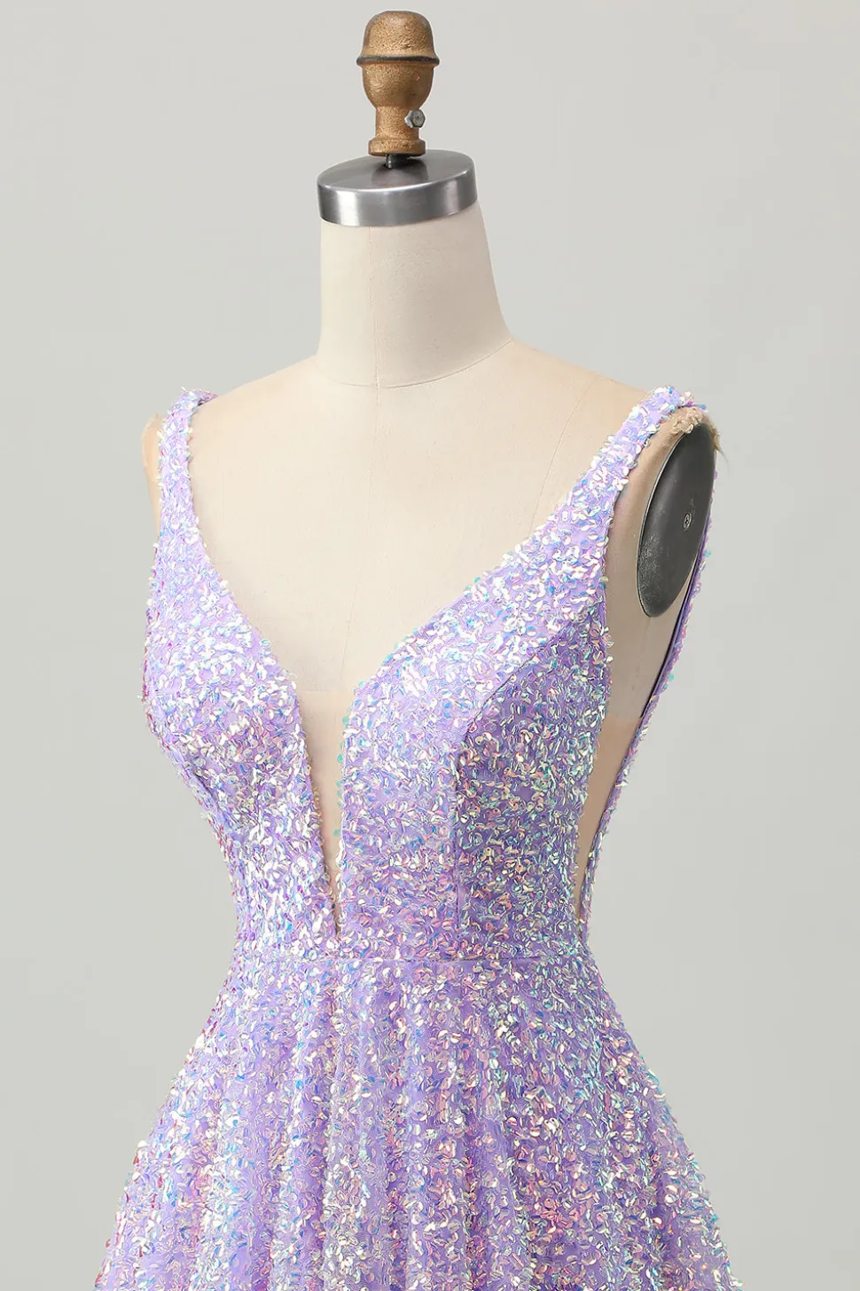 Sequins Uma Linha Lilás V-Neck Vestido Curto Homecoming