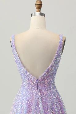 Sequins Uma Linha Lilás V-Neck Vestido Curto Homecoming