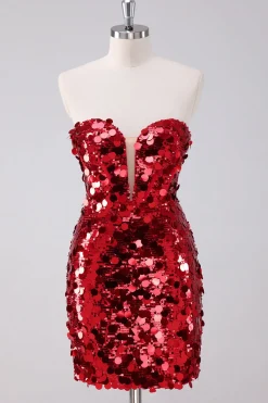 Sequins vermelhos apertado homecoming vestido com mangas removíveis