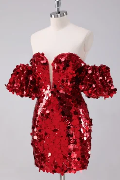 Sequins vermelhos apertado homecoming vestido com mangas removíveis