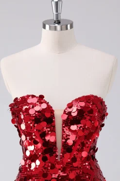 Sequins vermelhos apertado homecoming vestido com mangas removíveis