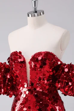 Sequins vermelhos apertado homecoming vestido com mangas removíveis