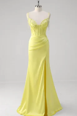 Sereia amarela espartilho espaguete alças longo vestido de baile com fenda