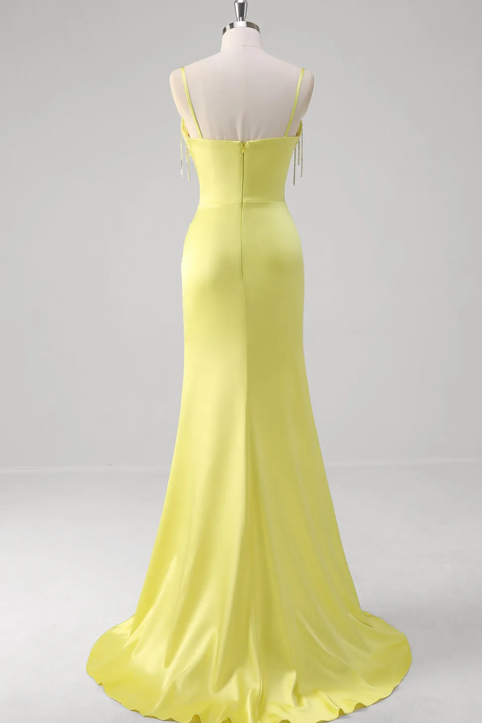 Sereia amarela espartilho espaguete alças longo vestido de baile com fenda