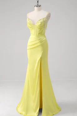 Sereia amarela espartilho espaguete alças longo vestido de baile com fenda