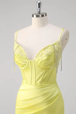 Sereia amarela espartilho espaguete alças longo vestido de baile com fenda