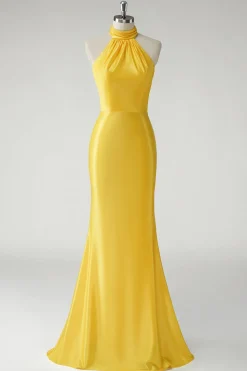 Sereia Amarela Halter Cetim Long Prom Dress