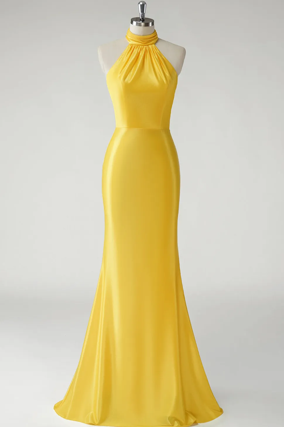Sereia Amarela Halter Cetim Long Prom Dress