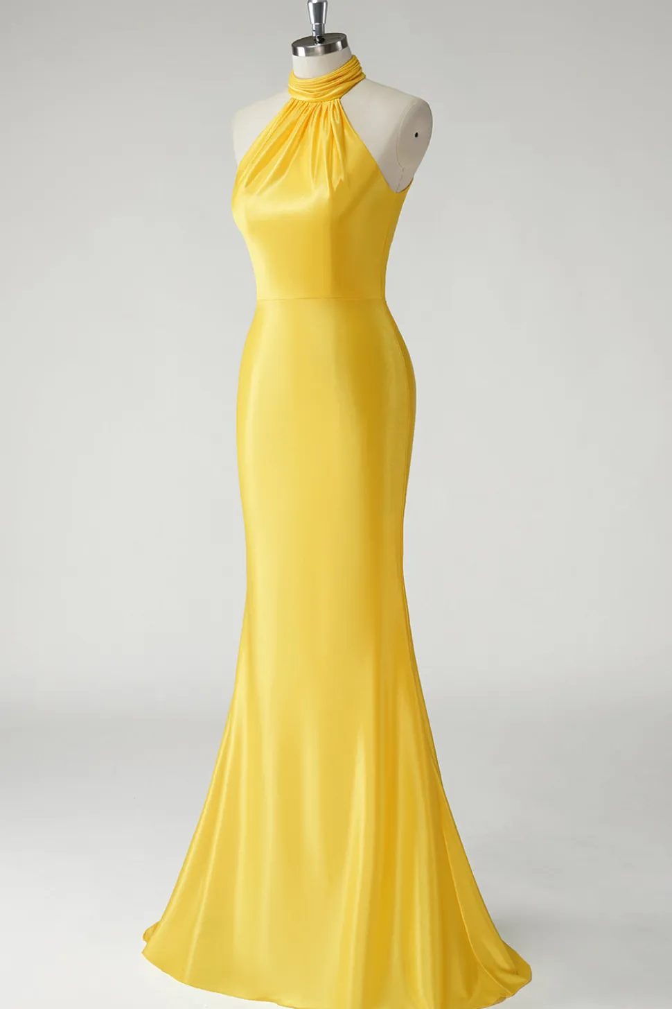 Sereia Amarela Halter Cetim Long Prom Dress