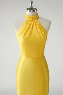 Sereia Amarela Halter Cetim Long Prom Dress
