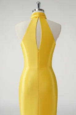 Sereia Amarela Halter Cetim Long Prom Dress