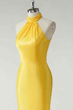 Sereia Amarela Halter Cetim Long Prom Dress