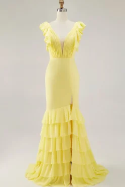 Sereia Amarela V-Neck Tiered Vestido Formal Longo com Folhos Fenda