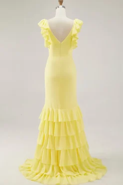 Sereia Amarela V-Neck Tiered Vestido Formal Longo com Folhos Fenda