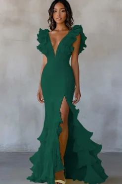 Sereia Amarela V-Neck Tiered Vestido Formal Longo com Folhos Fenda
