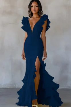 Sereia Amarela V-Neck Tiered Vestido Formal Longo com Folhos Fenda