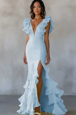 Sereia Amarela V-Neck Tiered Vestido Formal Longo com Folhos Fenda