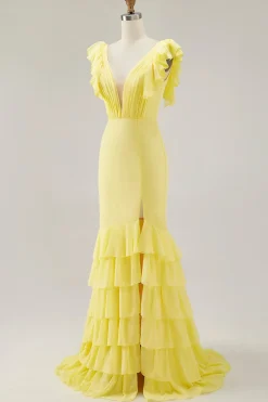 Sereia Amarela V-Neck Tiered Vestido Formal Longo com Folhos Fenda