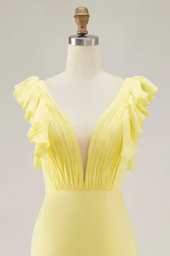 Sereia Amarela V-Neck Tiered Vestido Formal Longo com Folhos Fenda